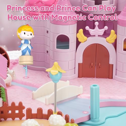 Castle Playset with 4 Magnetic Control Movable Toys, Magnetic Doll House Building Toys with Light & Music（Pink） W83437