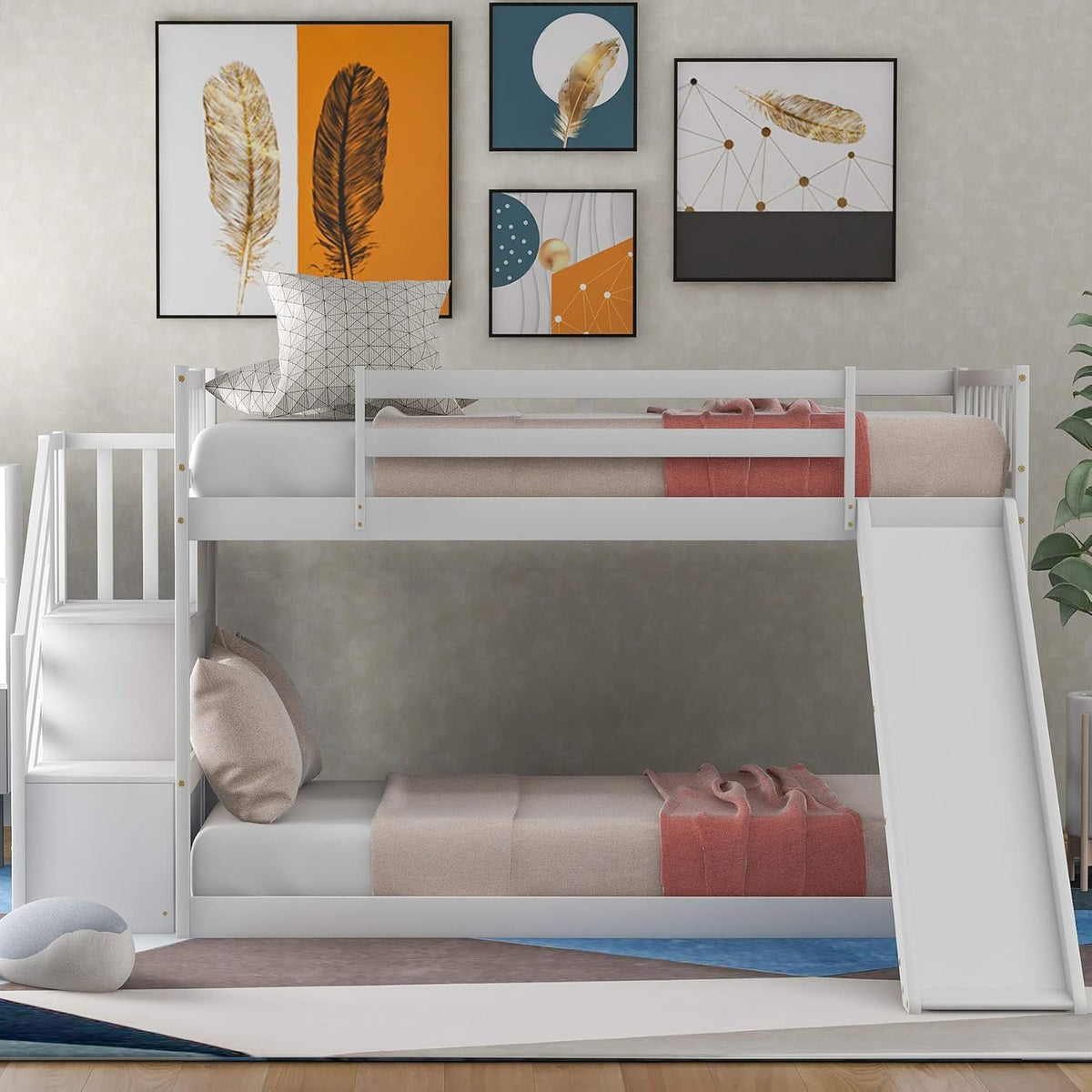 Twin Loft Beds with Slide and Staircase Q4433