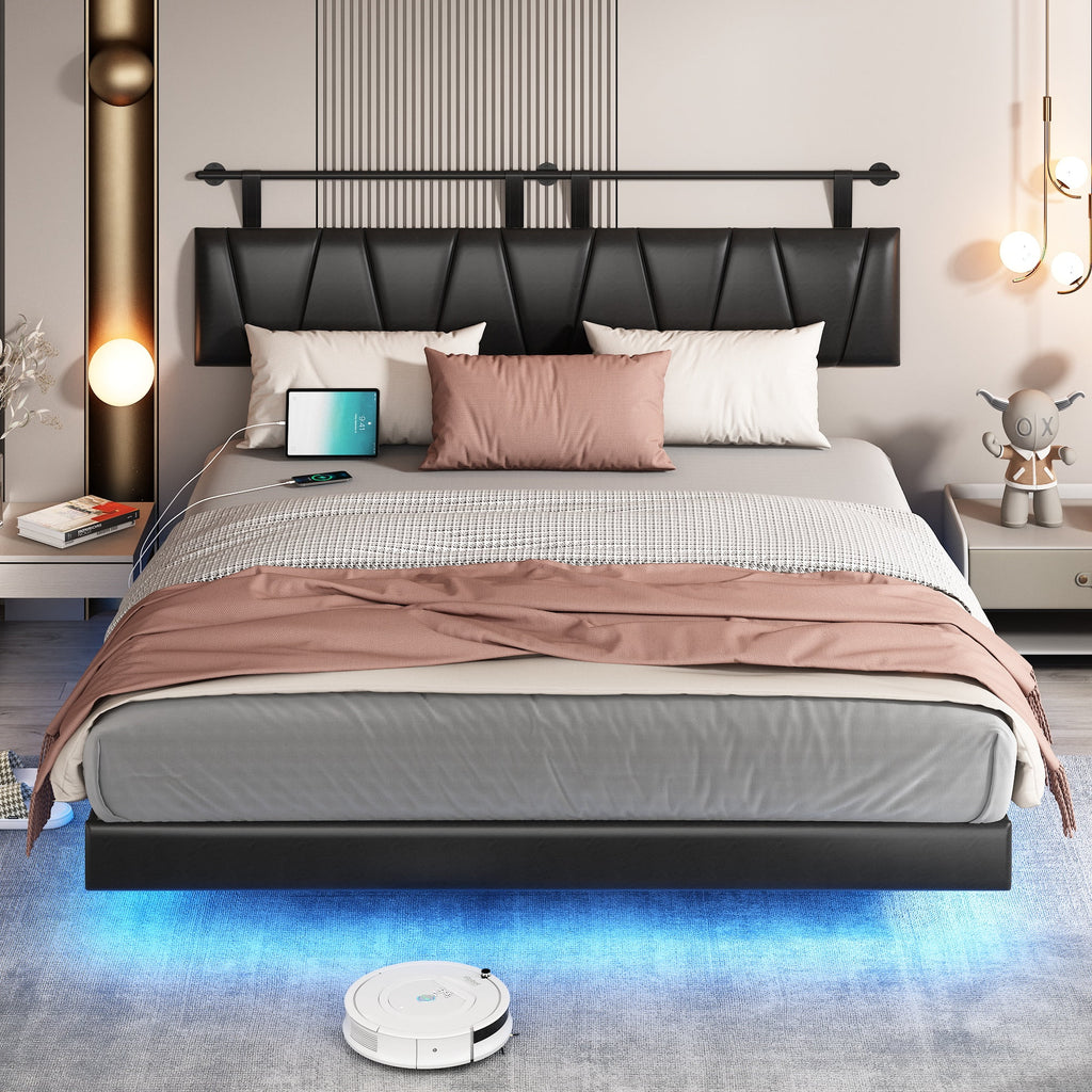 King Size Floating Upholstered Platform Bed with LED Light & Power Charging Station Y1558