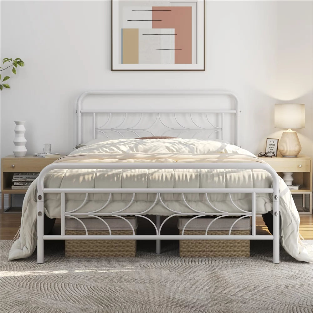 White Full Size Metal Bed with Headboard and Footboard E749