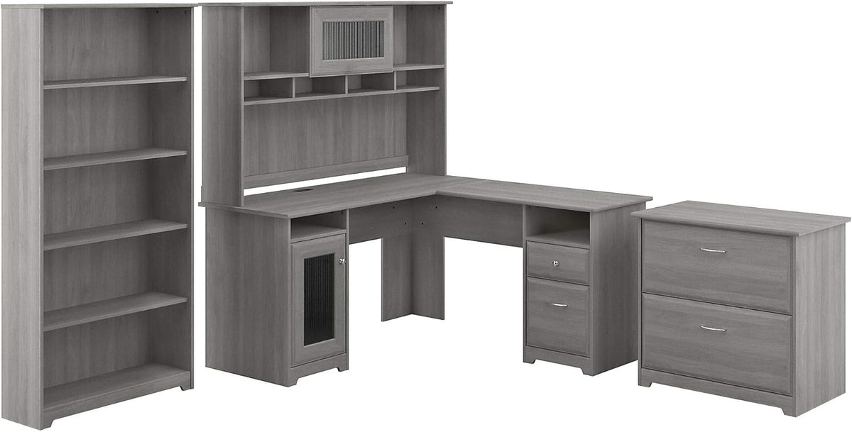 L Shaped Desk with Hutch, File Cabinet and 5 Shelf Bookcase J541796
