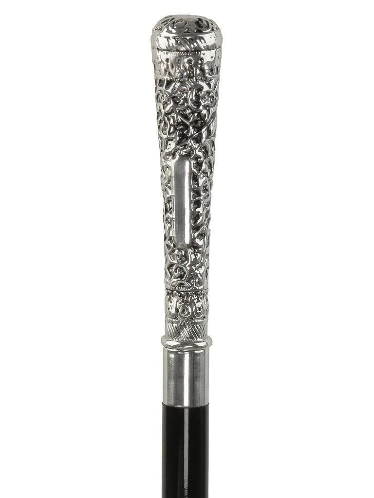 Silver 925r Vine Covered Elongated Knob Walking Stick with Black Beechwood Shaft O684