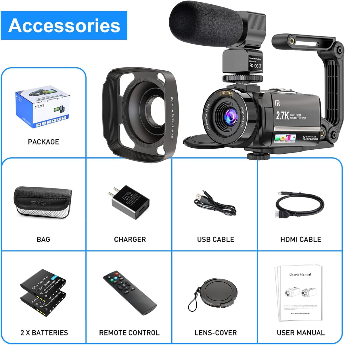 2.7K Ultra HD Digital Video Camera with Microphone A15382