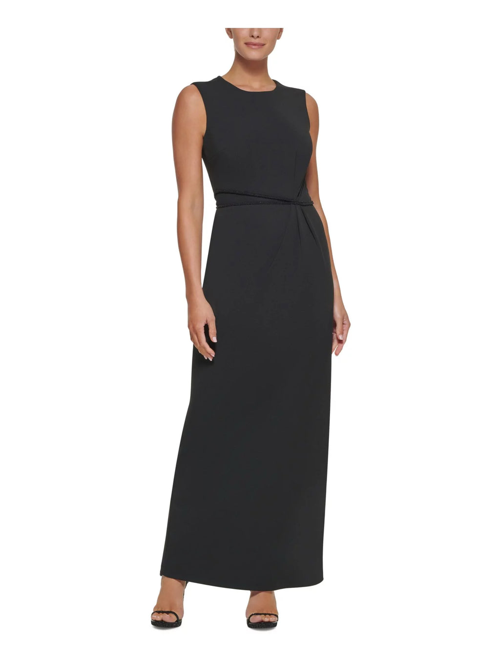 Black Stretch Beaded Zippered Back Slit Lined Sleeveless Round Neck Full-Length Formal Gown Dress W8421