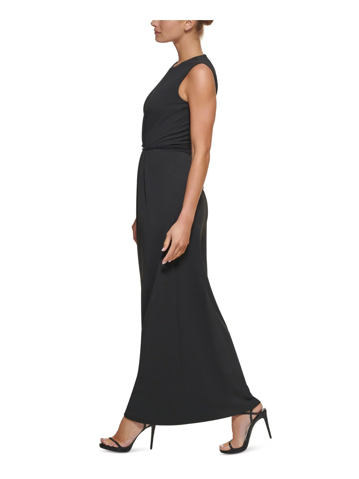 Black Stretch Beaded Zippered Back Slit Lined Sleeveless Round Neck Full-Length Formal Gown Dress W8421