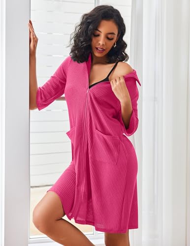 Short Waffle Knit Bathrobe with Pockets M974303