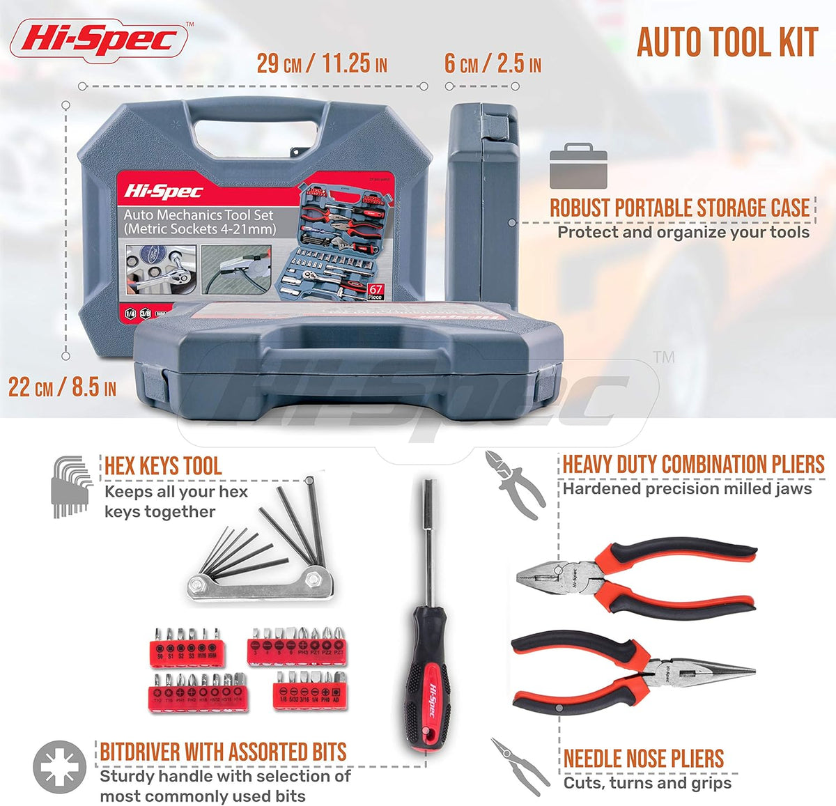 67 Piece Auto Mechanics Tool Kit with Metric Sockets, Ratchet Set & Tool Box N743