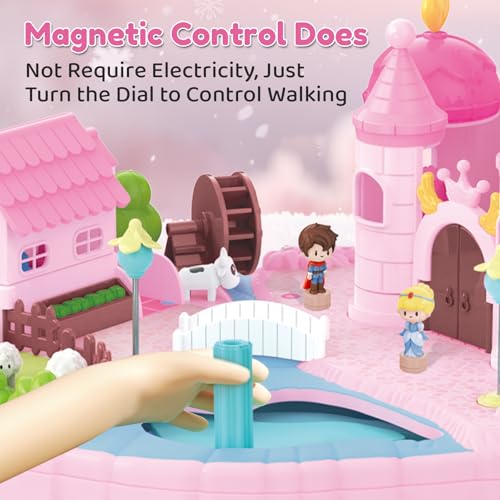 Castle Playset with 4 Magnetic Control Movable Toys, Magnetic Doll House Building Toys with Light & Music（Pink） W83437
