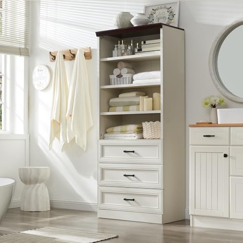 Antique White Tall Storage Cabinet with 3 Drawers and Adjustable Shelves Q5109