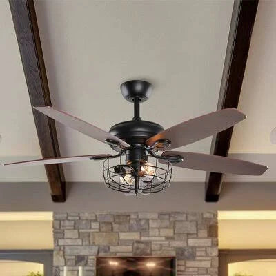 Black 5 Blade Caged Ceiling Fan with Remote Control and Light Kit Y70104