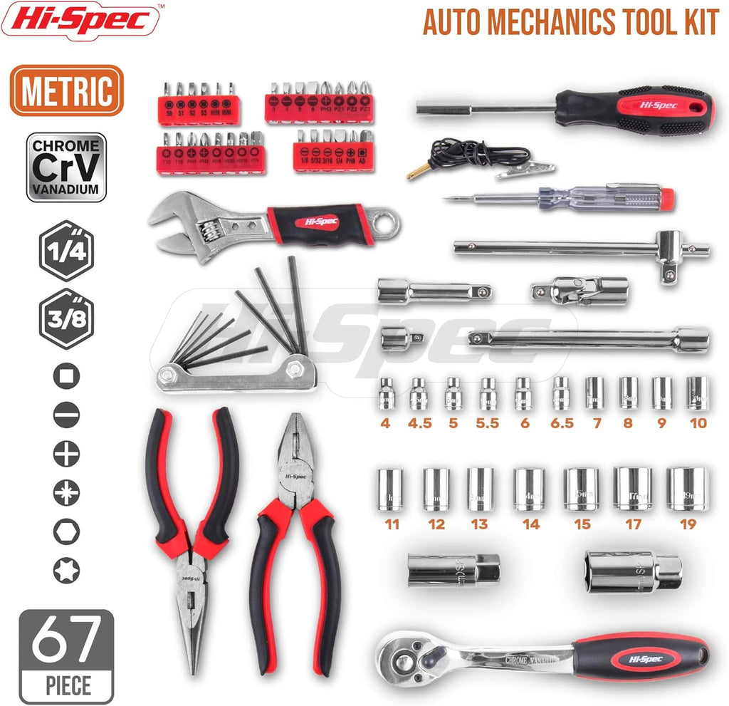 67 Piece Auto Mechanics Tool Kit with Metric Sockets, Ratchet Set & Tool Box N743
