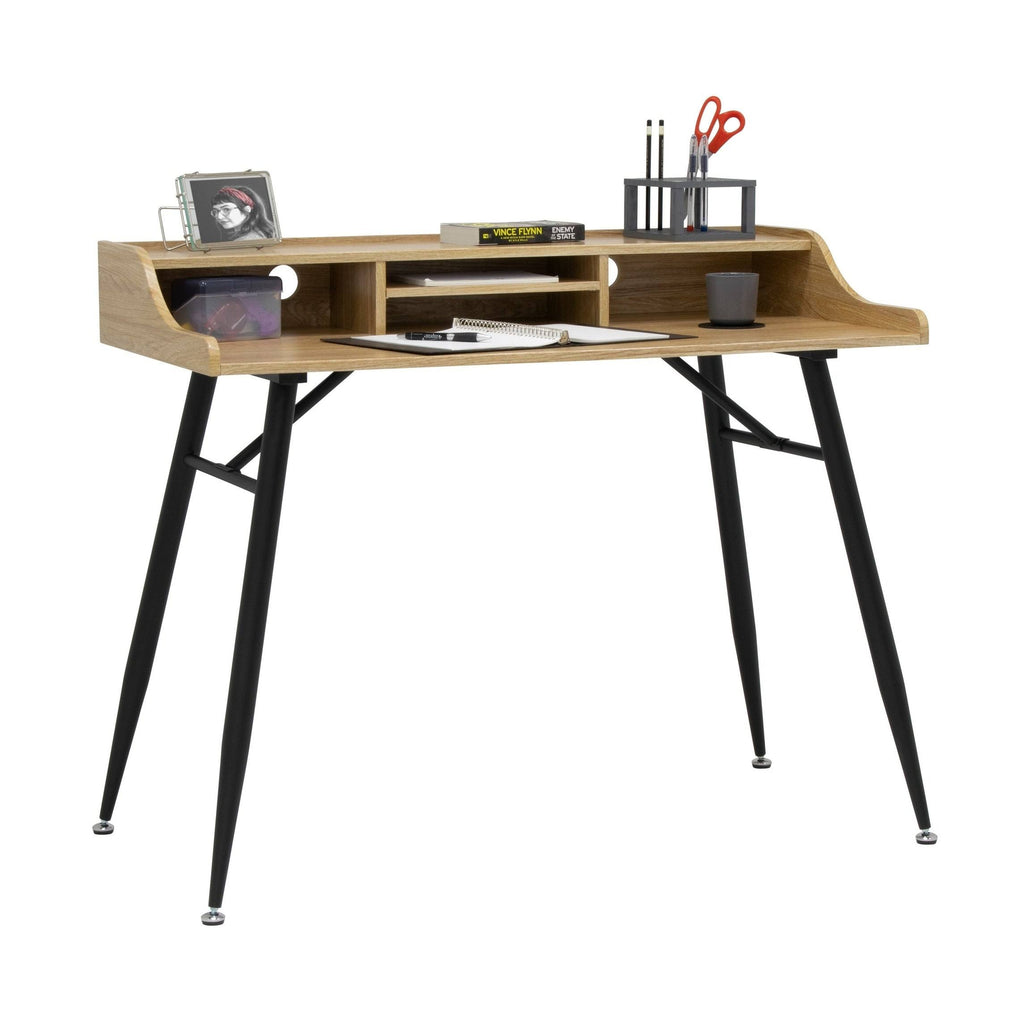 Wide Modern Writing Desk with Storage Hutch and Metal Tapered Legs J744