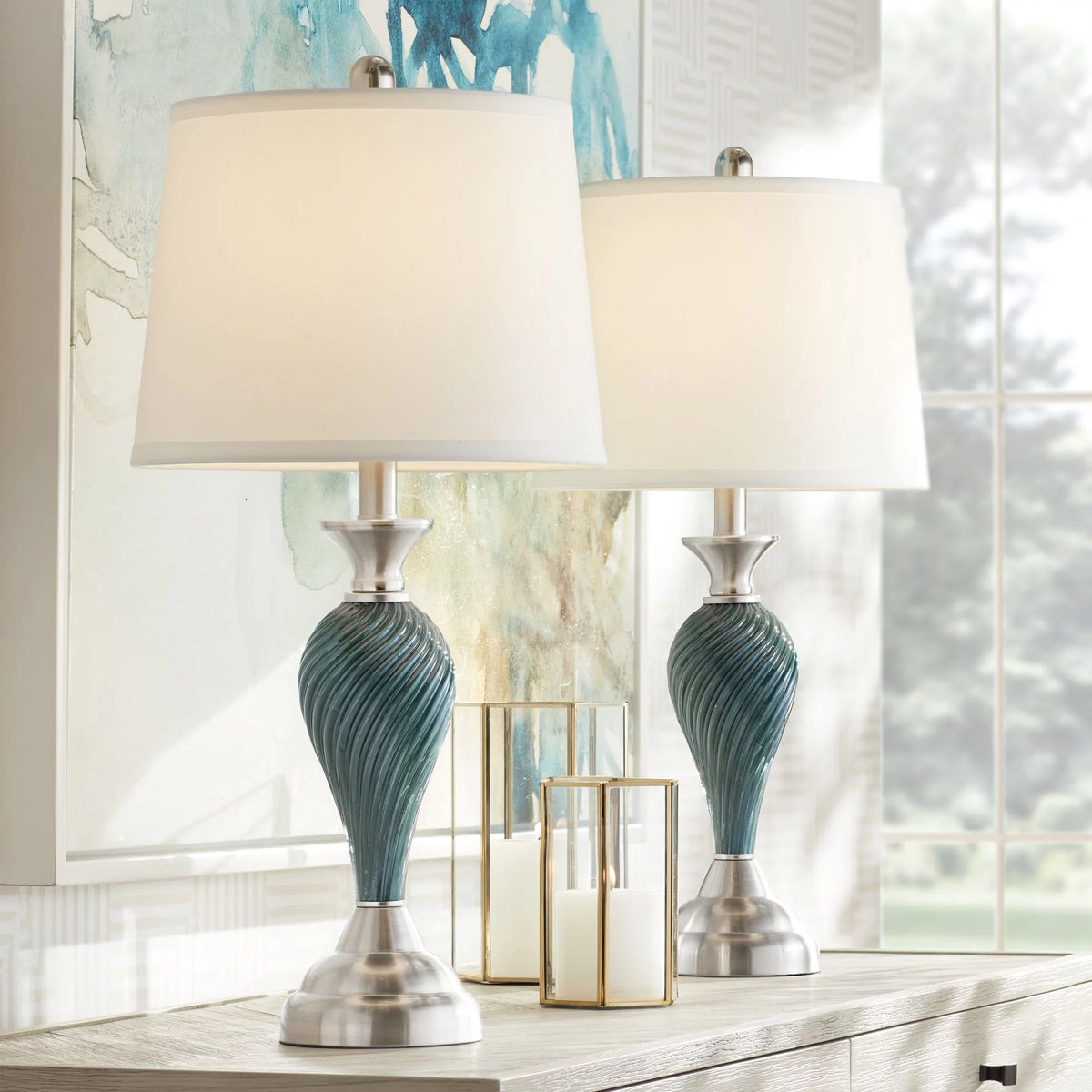 Set of 2 Green-Blue Glass Table Lamps Q9278