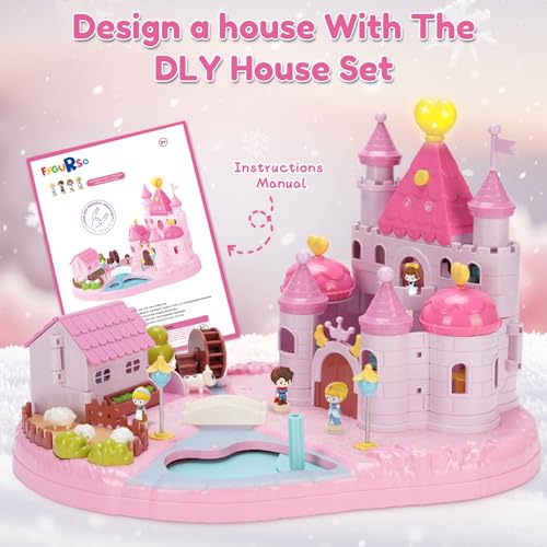 Castle Playset with 4 Magnetic Control Movable Toys, Magnetic Doll House Building Toys with Light & Music（Pink） W83437
