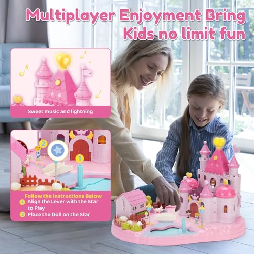 Castle Playset with 4 Magnetic Control Movable Toys, Magnetic Doll House Building Toys with Light & Music（Pink） W83437