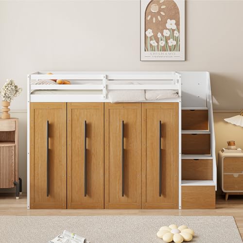 Twin Size Solid Wood Loft Bed with Storage G92576