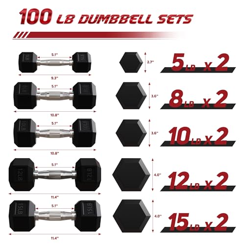 Rubber Coated Hex Dumbbell Set with Storage Rack U669677