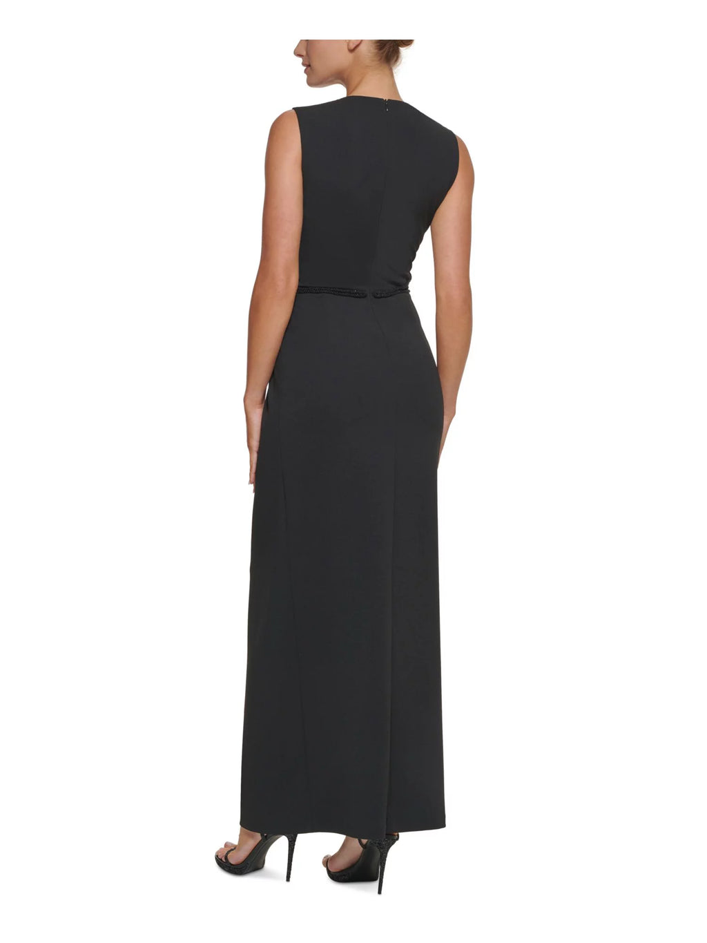 Black Stretch Beaded Zippered Back Slit Lined Sleeveless Round Neck Full-Length Formal Gown Dress W8421