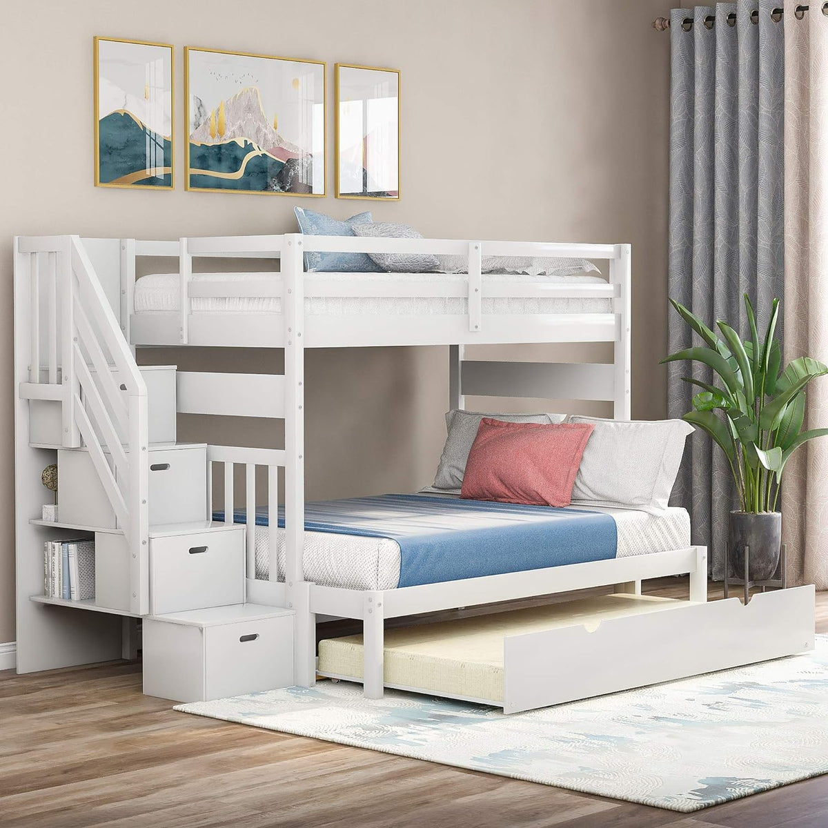 White Twin Over Twin Bunk with Trundle, 4 Drawers, and 3 Shelves F46042