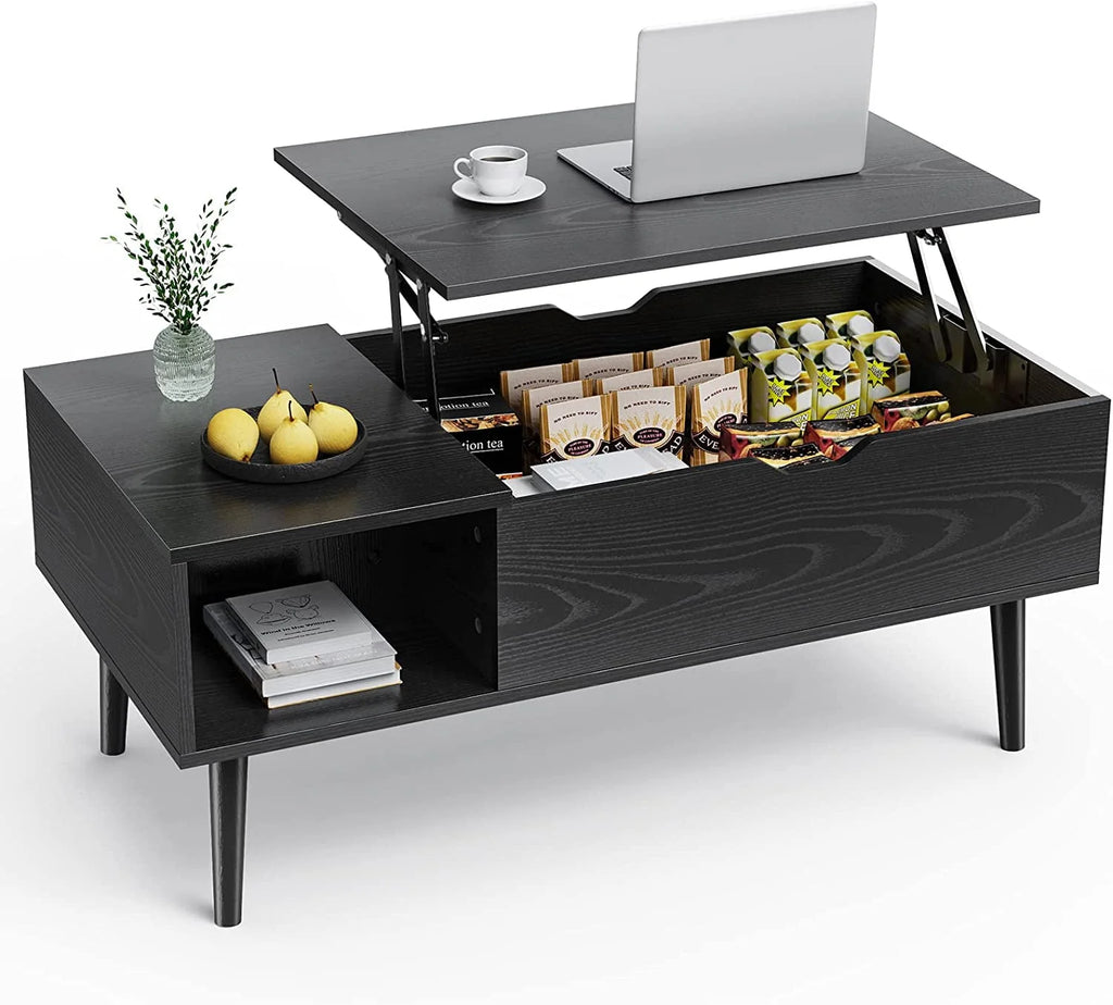 Adjustable Height Wooden Coffee Table with Hidden Compartments and Shelves A365179