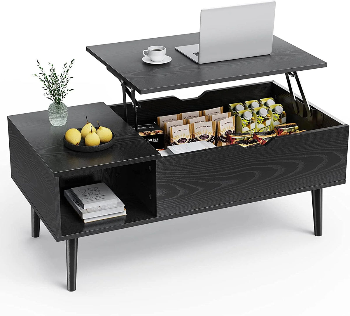 Adjustable Height Wooden Coffee Table with Hidden Compartments and Shelves A365179