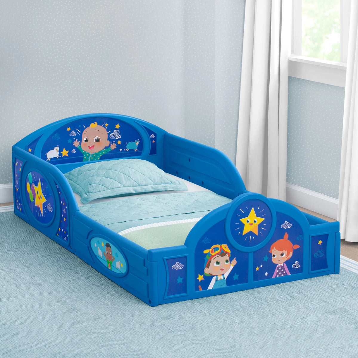 Blue Toddler Bed with Built-In Guardrails V8378