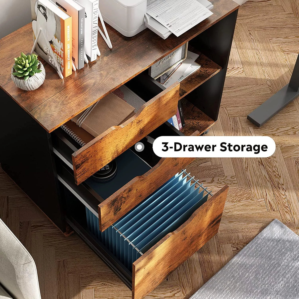 3 Drawer Rolling File Cabinet with Storage Shelves I199