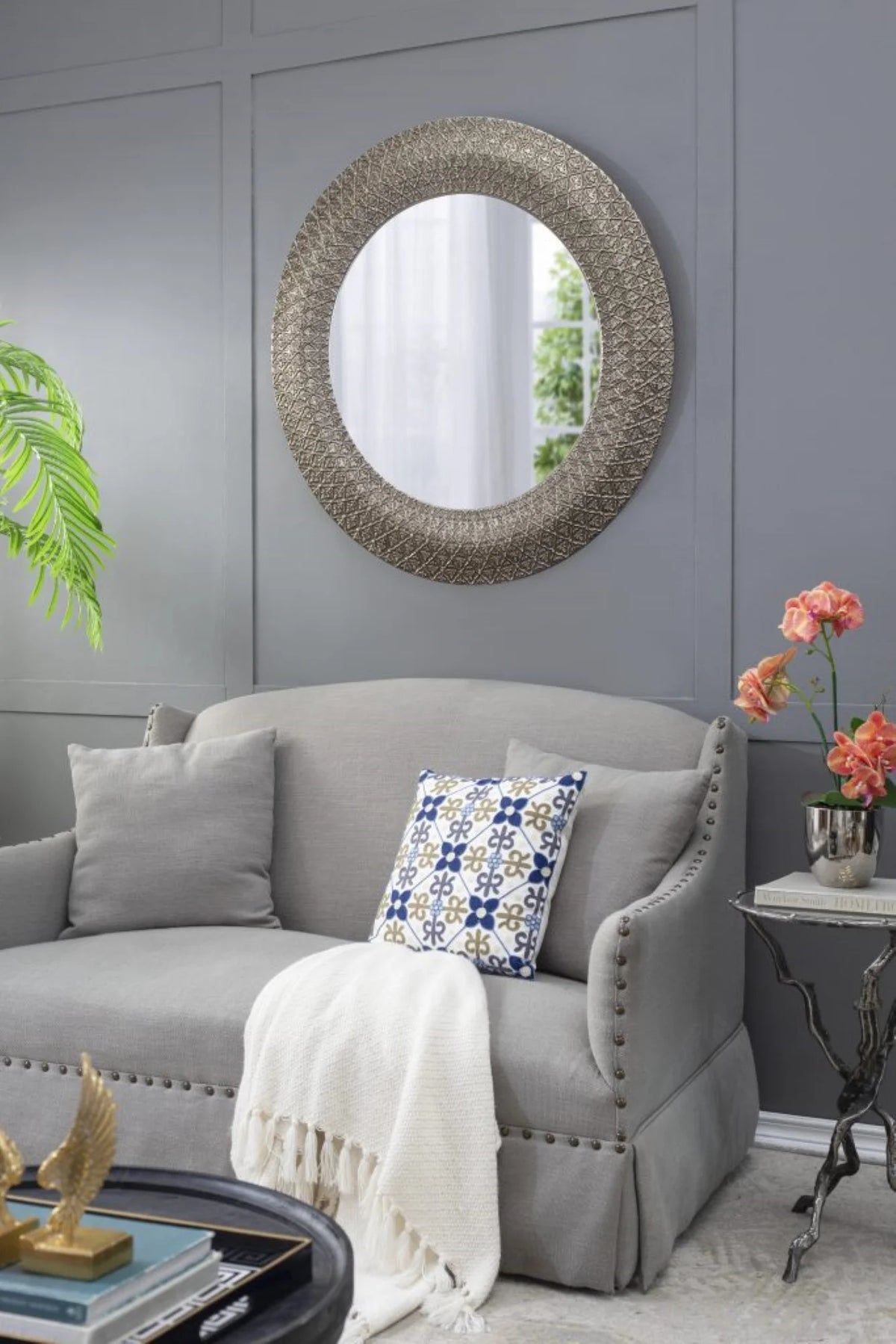 Large Round Wall Mirror with 3D Sculpted Wide Frame B9692