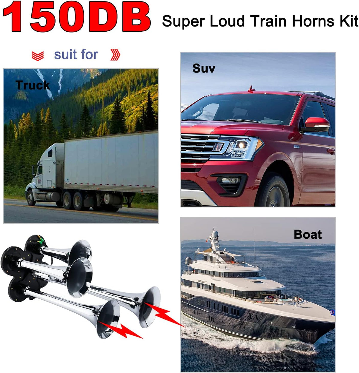 150DB Train Horns Kit with 120 PSI 12V Compressor and Gauge J763