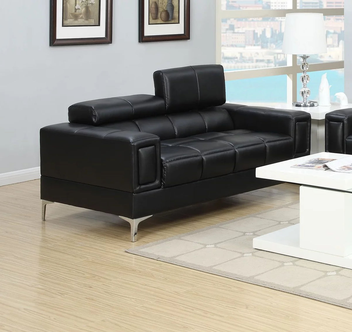 Black Faux Leather Sofa and Loveseat 2pc Set H7163