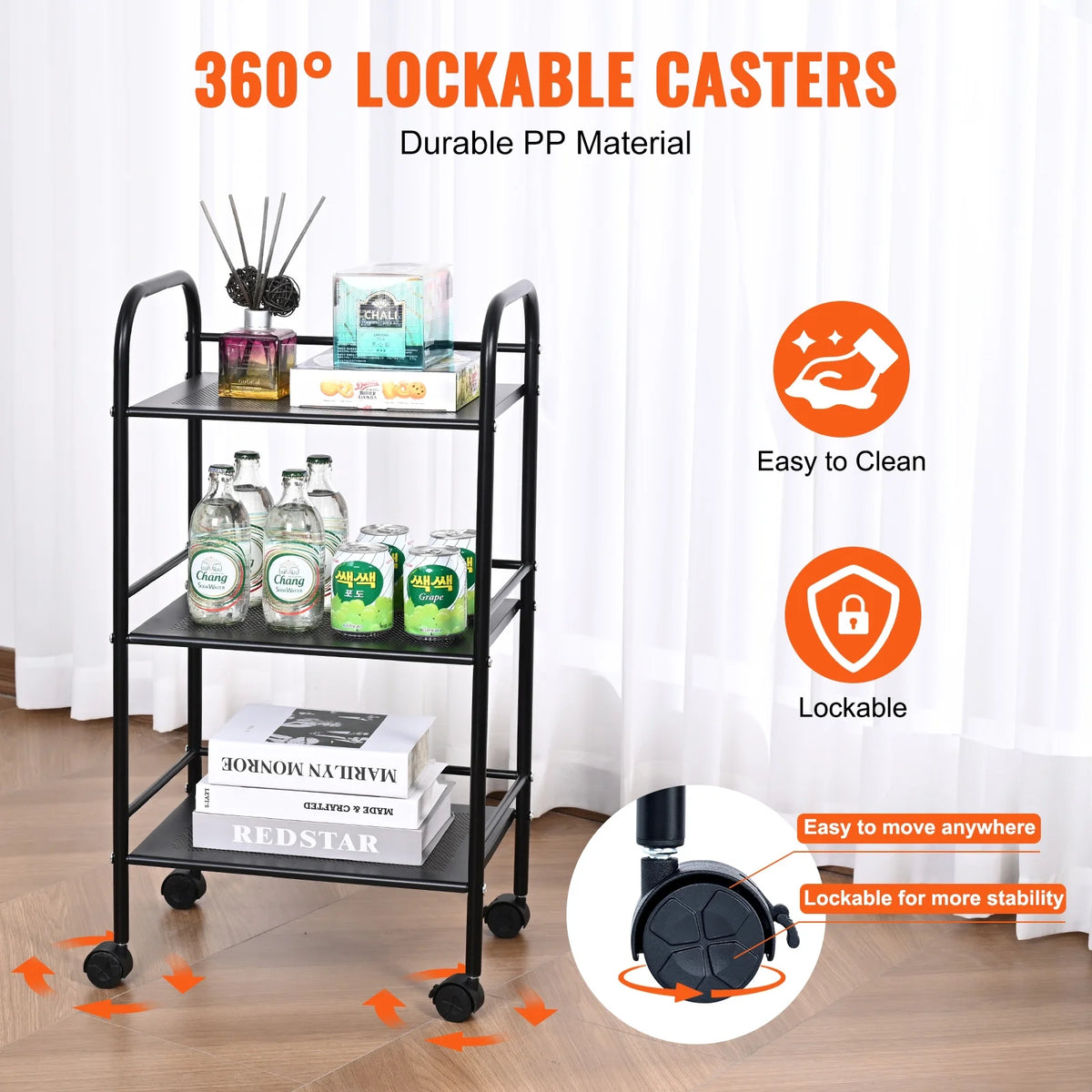 3-Tier Rolling Utility Cart with Handle Black U4936