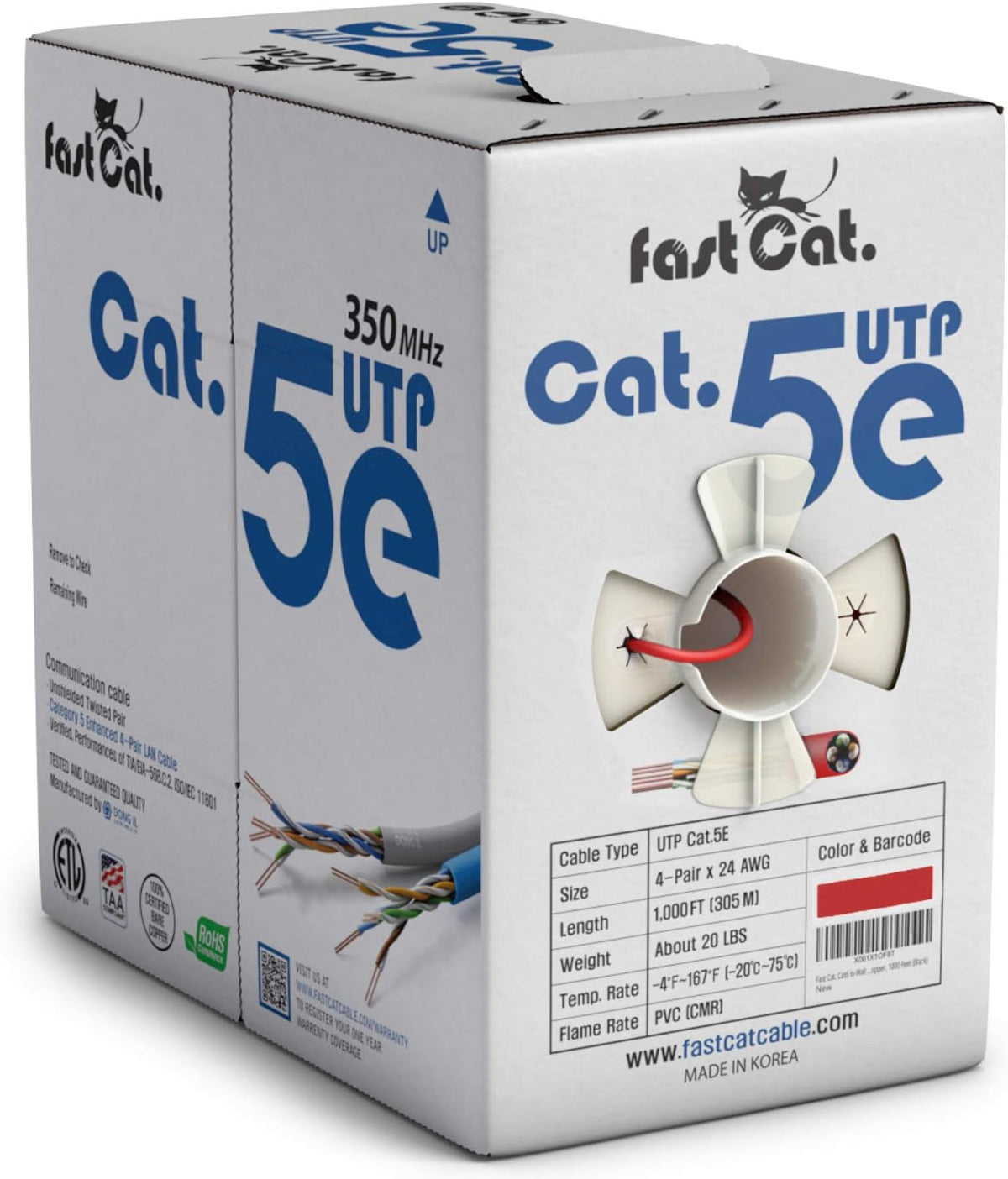 Cat5e Ethernet Cable 1000ft - 24 AWG CMR Bare Copper UTP LAN Cable (Orange) I251