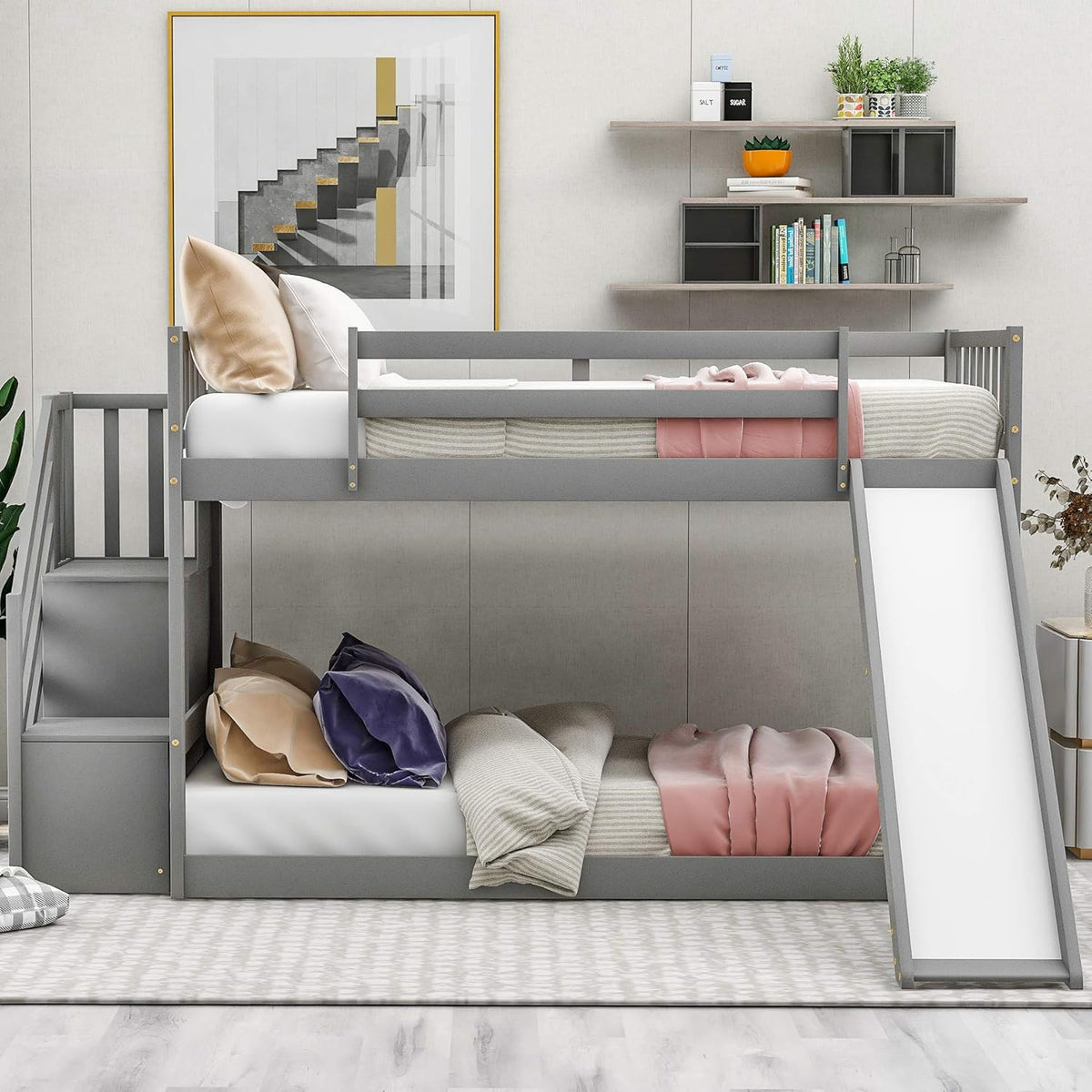 Twin Loft Beds with Slide and Staircase Q4433