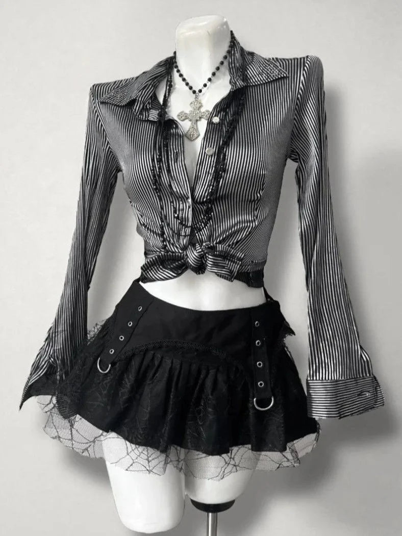 Lace Patchwork Bow-Tie Blouse & Mini Skirt Set F183066