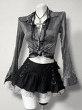 Lace Patchwork Bow-Tie Blouse & Mini Skirt Set F183066