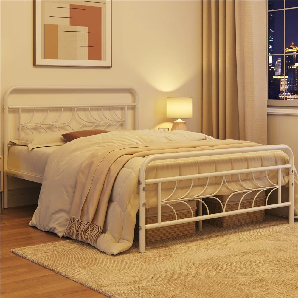White Full Size Metal Bed with Headboard and Footboard E749