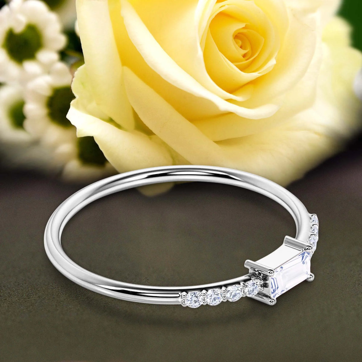 Emerald Cut Diamond Moissanite Engagement Ring in 10k Solid White Gold C13652