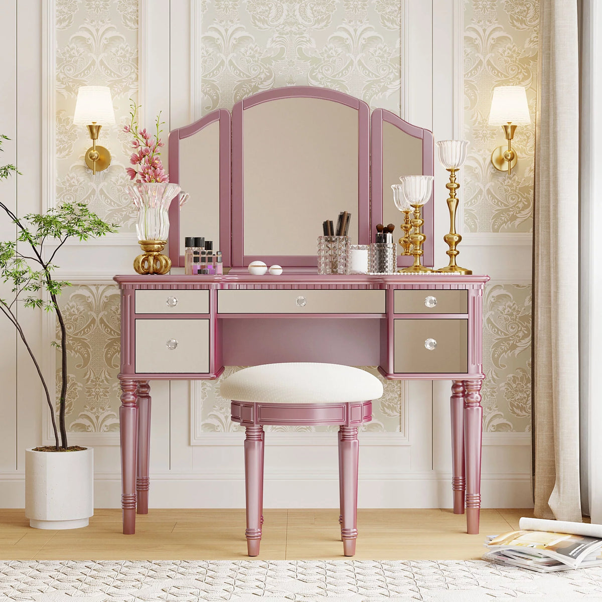 Pink Vanity Set with Tri-Fold Mirror and Stool Q434