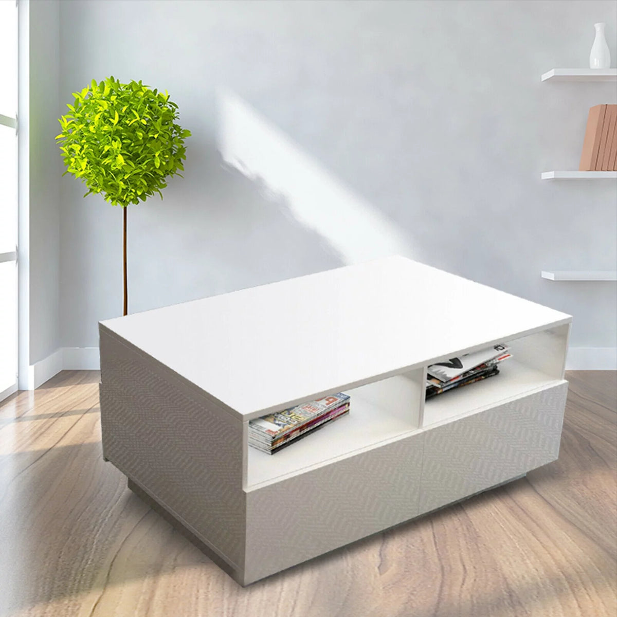 White High Gloss LED Coffee Table with Drawers G14452