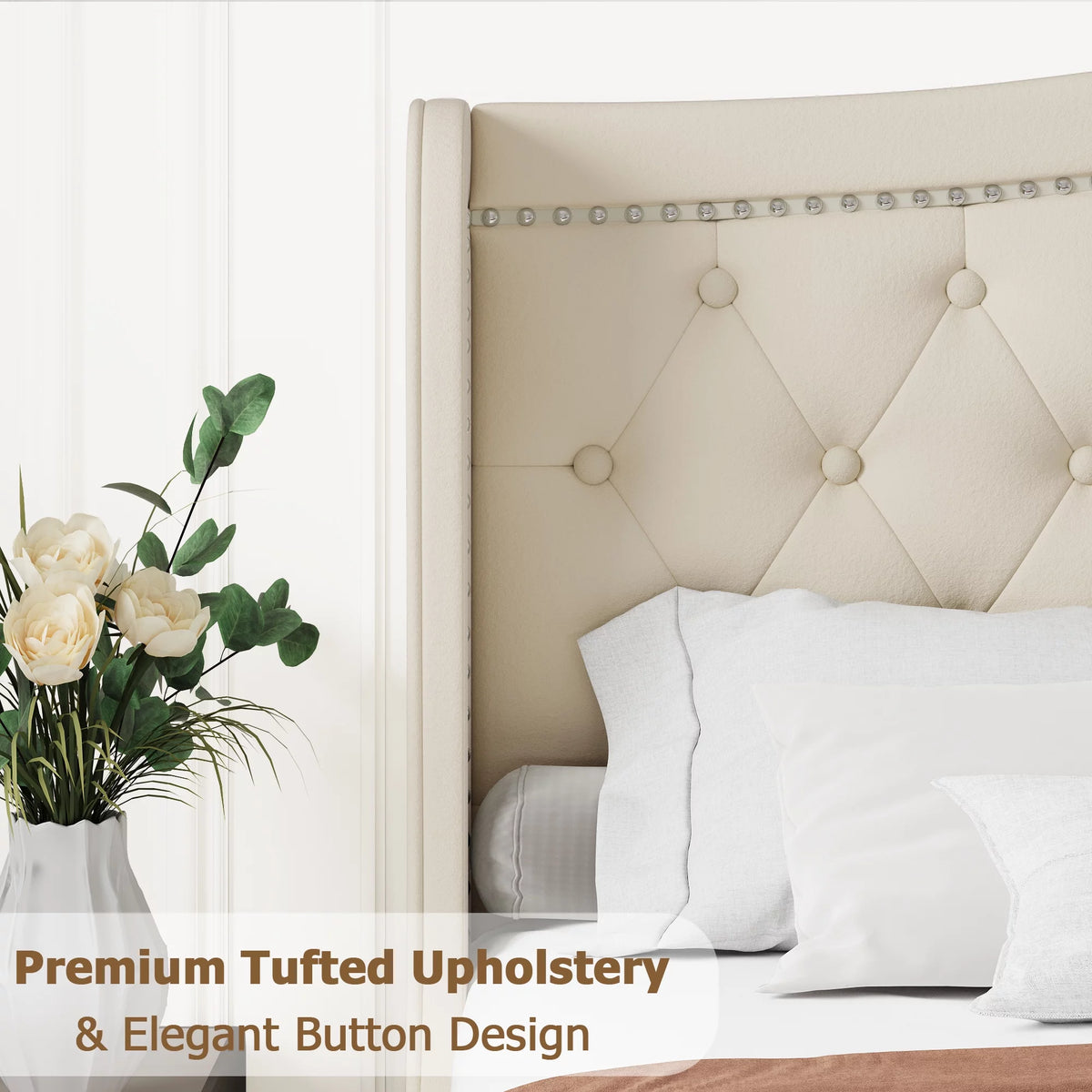 King Bed Frame with Wing-Back Button Tufted Upholstered Headboard A624594