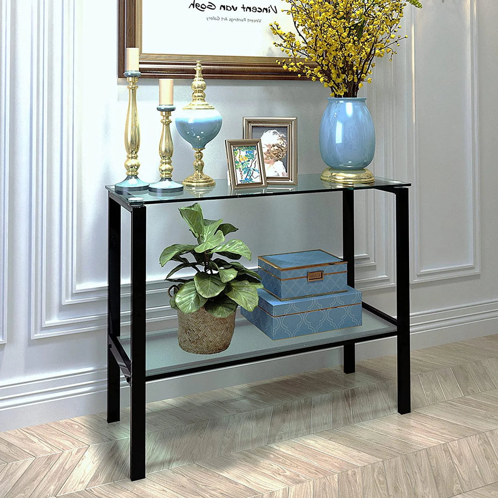 Glass Console Table with Black Metal Leg, 2 Tier Storage P95906