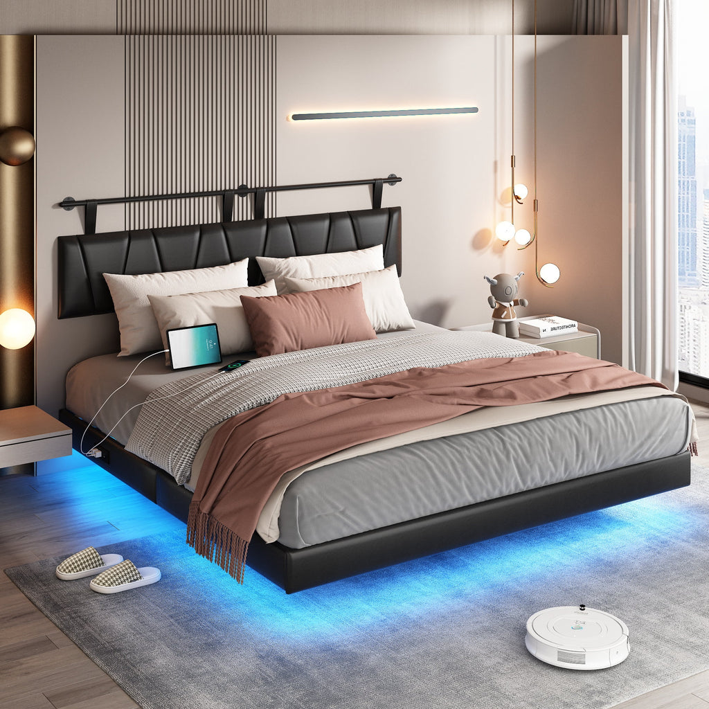 King Size Floating Upholstered Platform Bed with LED Light & Power Charging Station Y1558