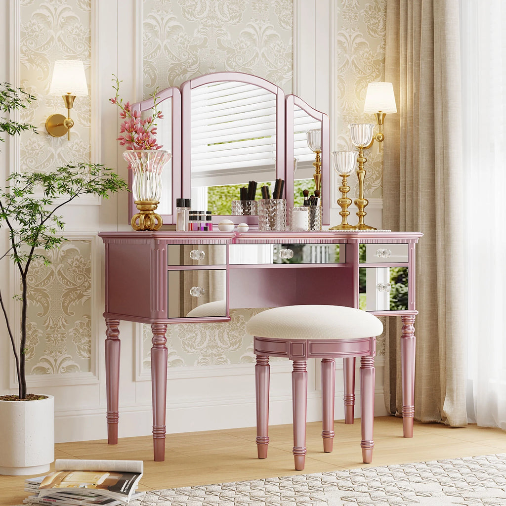 Pink Vanity Set with Tri-Fold Mirror and Stool Q434