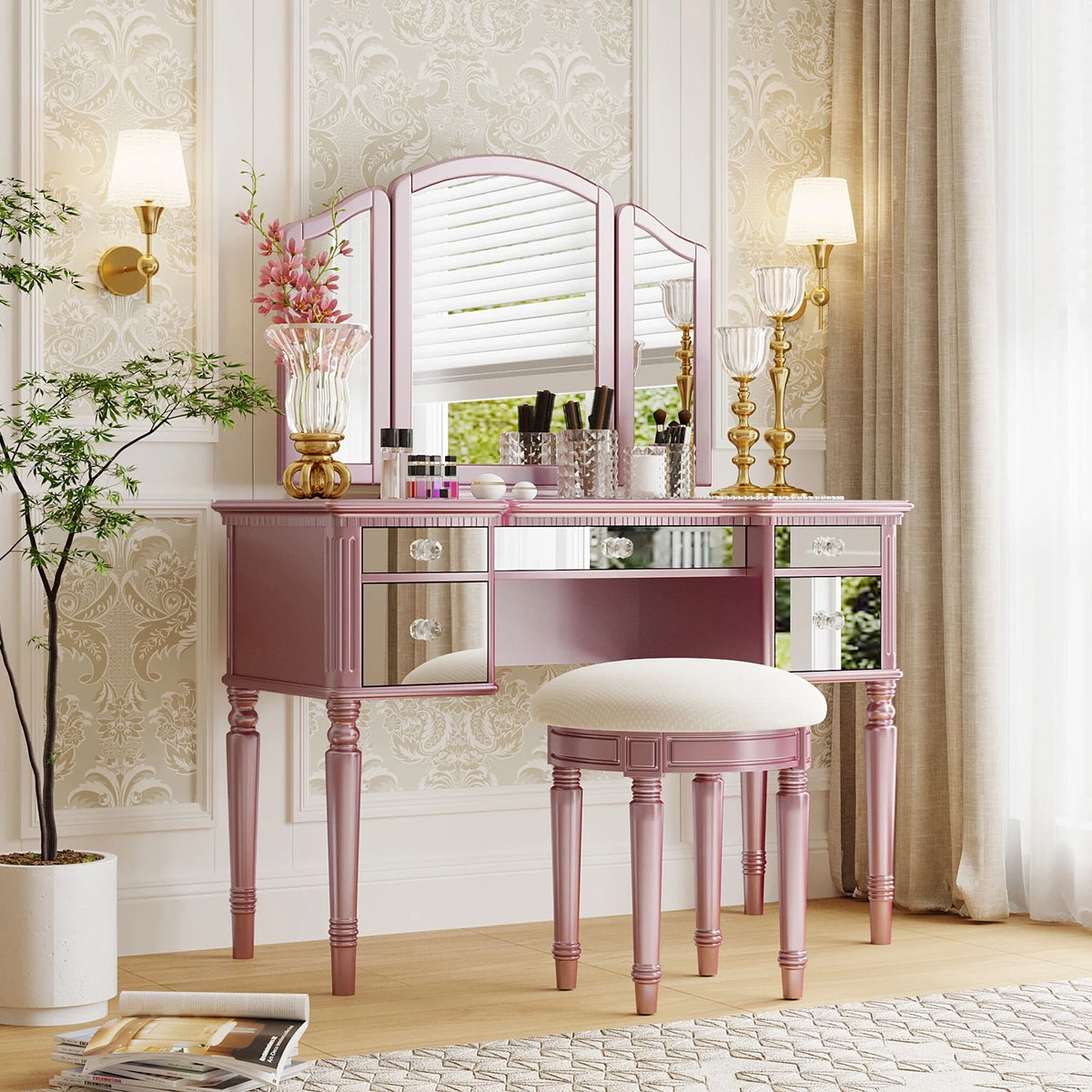 Pink Vanity Set with Tri-Fold Mirror and Stool Q434
