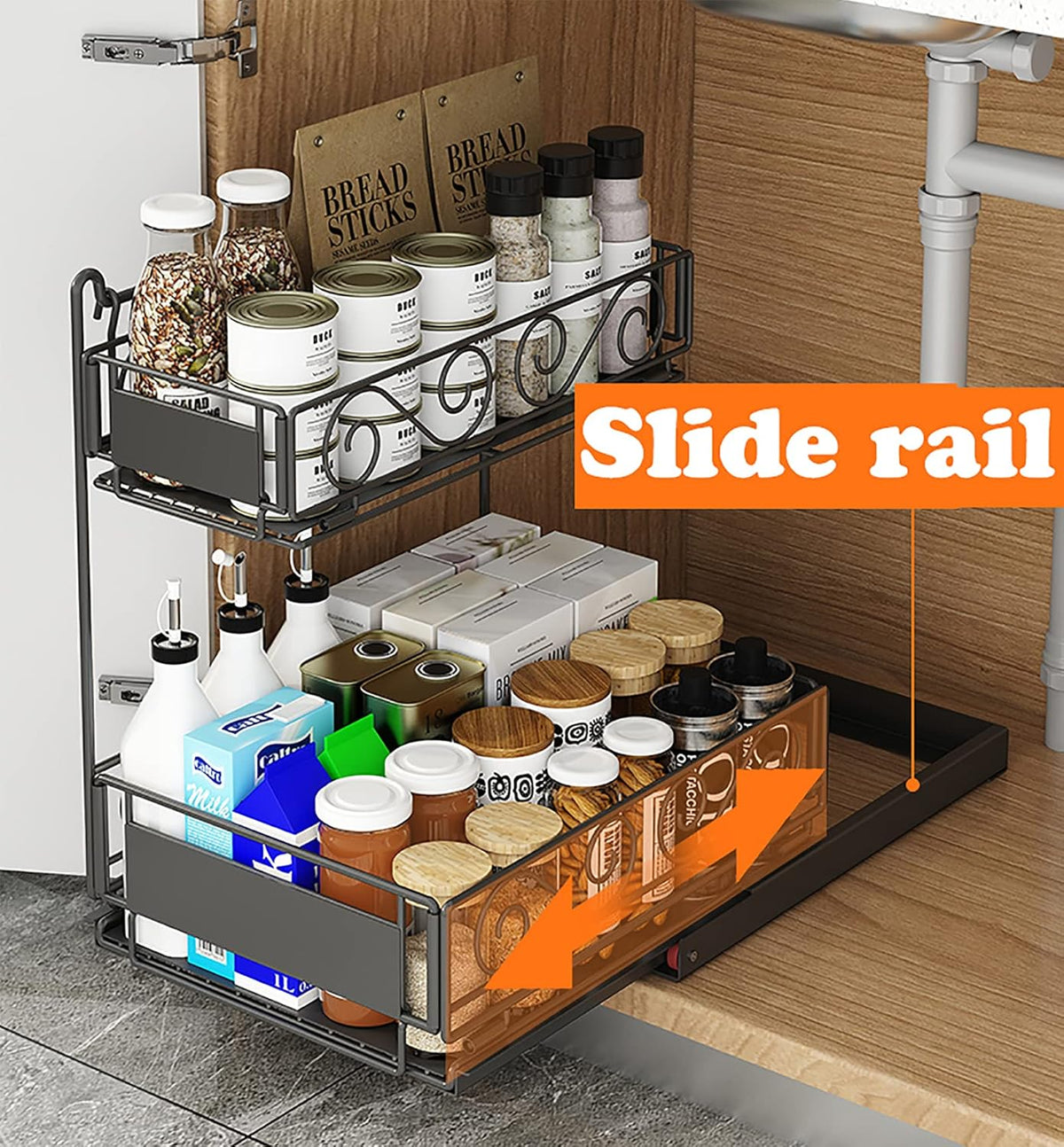 Black 2-Tier Under Sink Organizer with Sliding Drawer O20085