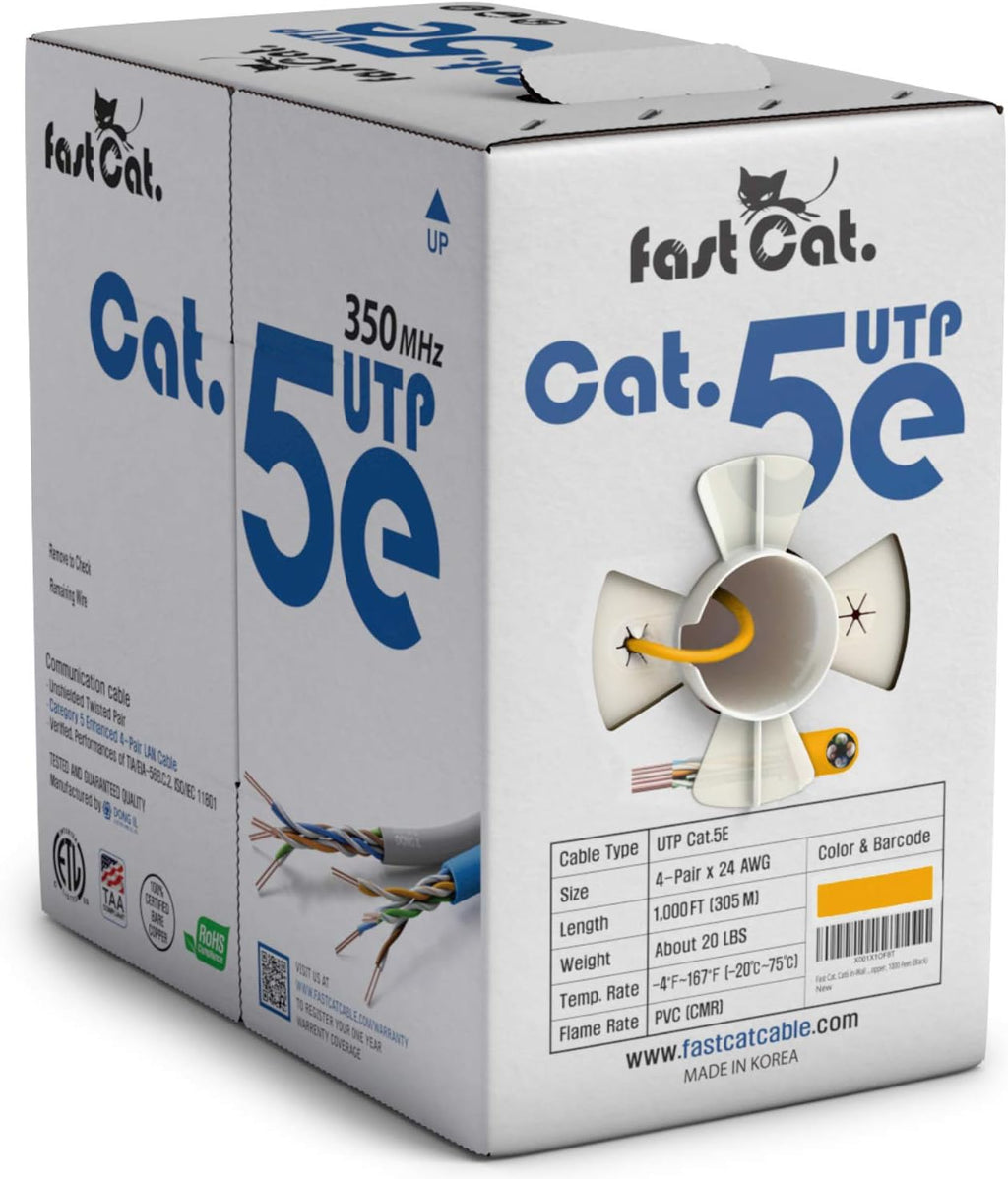 Cat5e Ethernet Cable 1000ft - 24 AWG CMR Bare Copper UTP LAN Cable (Orange) I251