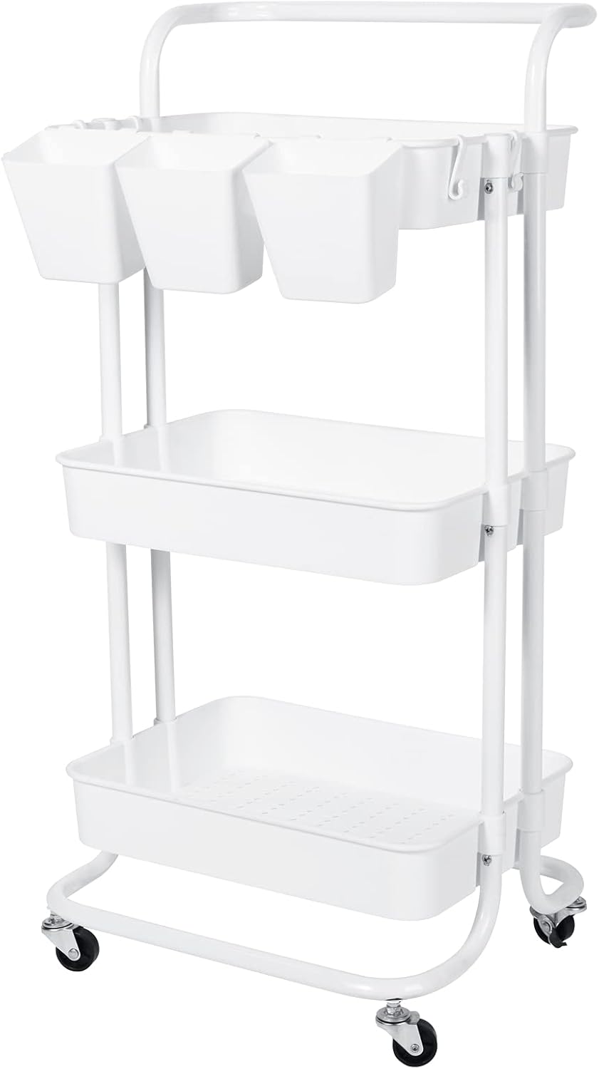 White 3-Tier Rolling Utility Cart with Lockable Wheels E123