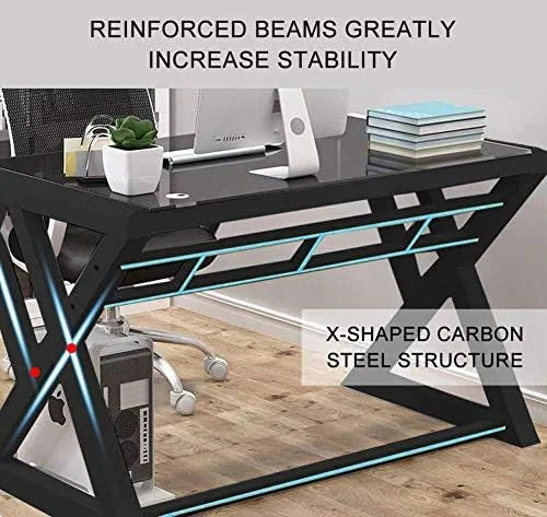 Tempered Glass Computer Desk with X-Shaped Metal Frame 55.1 inch R7092