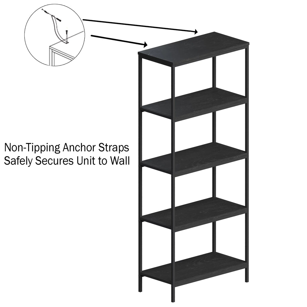 5-Tier Black Woodgrain Bookshelf D883