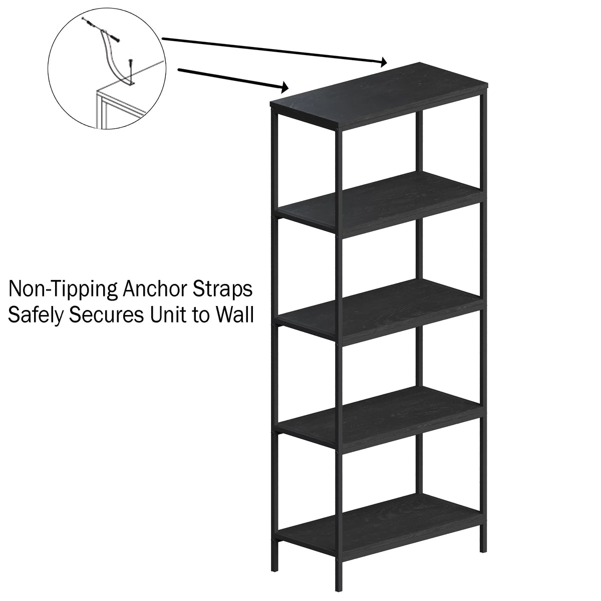 5-Tier Black Woodgrain Bookshelf D883